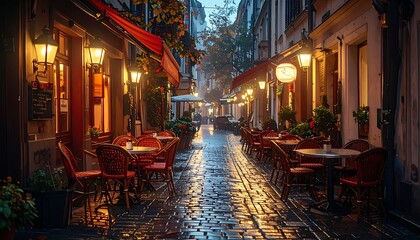 Obraz premium quiet european street with restaurant tables.