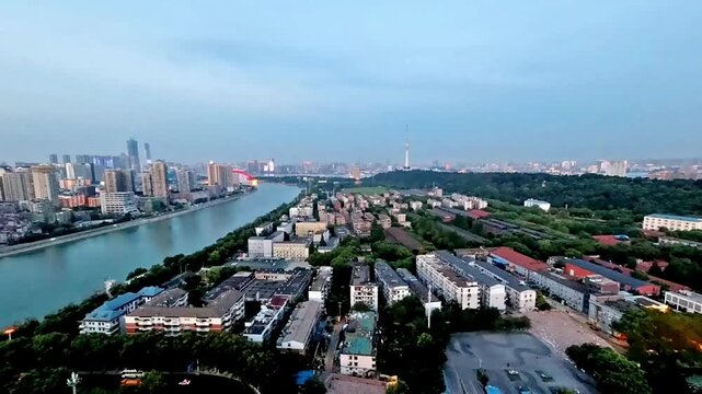 Pyongyang skyline and Taedong River at dusk