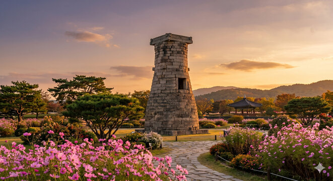 Ancient Cheomseongdae Observatory at Golden Hour Sunset in Gyeongju, South Korea, with Blooming Pink Cosmos Flowers in Foreground - Generative AI
