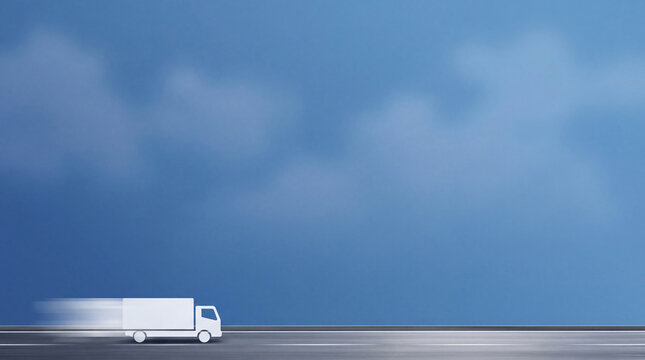 Dynamic illustration of a fast delivery truck with speed lines moving across a road under a blue sky.