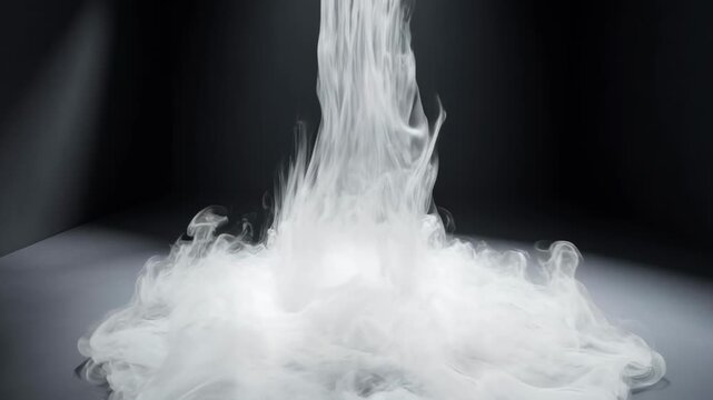 White vapor flowing downwards and spreading across a dark surface. Representing a cleansing and purifying process.