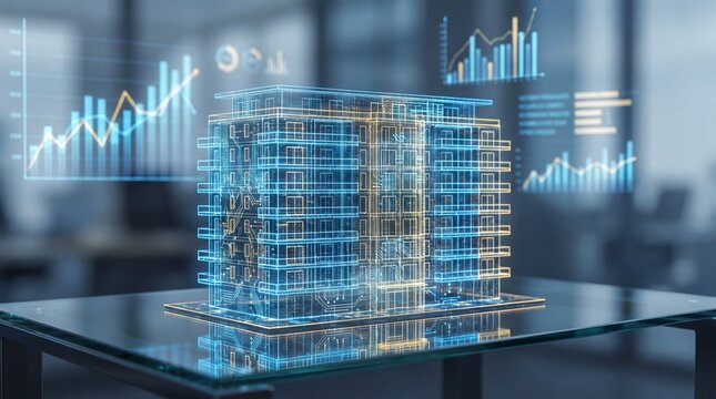 Digital architectural hologram of residential building with data analytics graphs