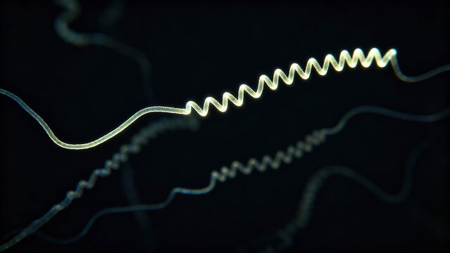 This is a photograph of Borrelia burgdorferi (the spirochete that causes Lyme disease). In the photograph, the slender, spiral-shaped bacteria fluoresce, highlighting its unique spiral morphology.