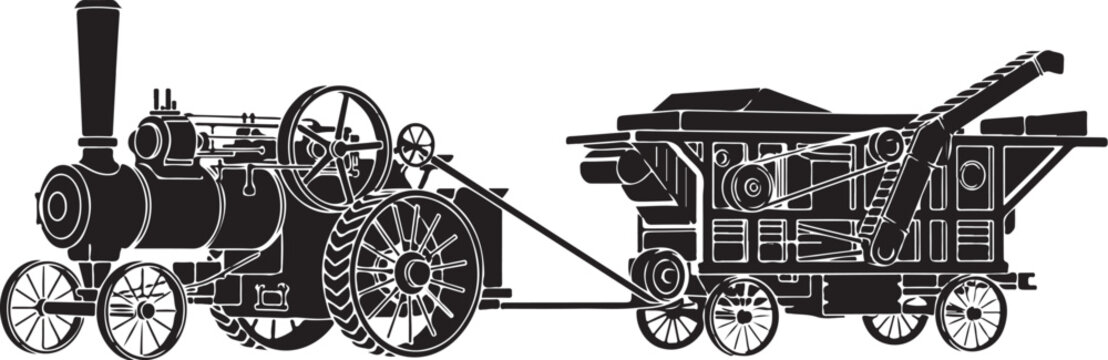 Vintage steam locomotive, antique train, black and white illustration, industrial transportation