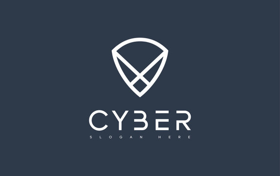 Minimalist logo design with shield and geometric emblem. White lines form a sharp, protective symbol. Wordmark reads "CYBER" with placeholder slogan below. Dark background enhances contrast