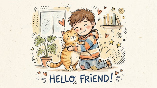 Little boy hugging pet cat in cozy room with window and bookshelf background illustrated in a soft hand drawn style with hello friend text