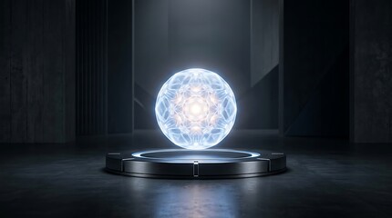 Fototapeta premium Glowing energy sphere floating above a dark metallic pedestal in a mysterious room