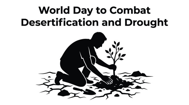Silhouette vector illustration of a man planting a young tree for world desertification awareness campaign day