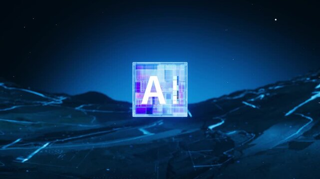 AI chip aggregation blocks traverse fiber optic networks, influencing the entire city's operations. Smart city AI technology visualized in transitional 3D rendering.