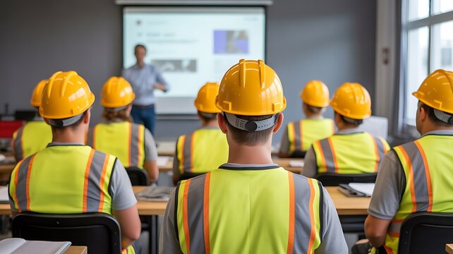 Construction workers attending safety training seminar with instructor presentation in classroom