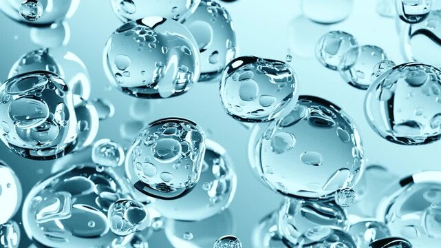 Abstract 3D video of transparent blue liquid bubbles floating and merging, macro close-up. Clean, glossy fluid forms create a modern science, skincare and technology background.