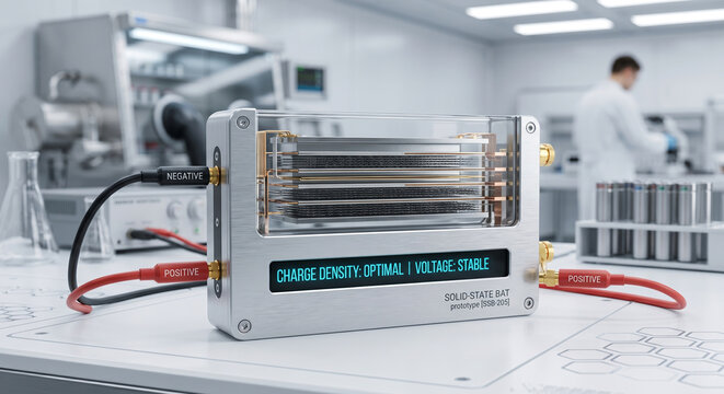 High performance solid state battery prototype testing charge density and voltage stability in laboratory bench.
