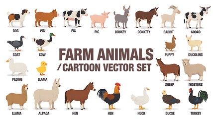 Fototapeta premium Farm animals cartoon vector set with various domestic livestock illustrations