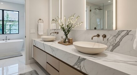 Fototapeta premium A bright and modern minimalist bathroom interior featuring double vessel sinks and a large mirror