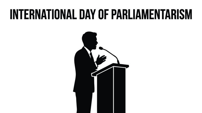 Silhouette of a male speaker at a podium giving an important speech for international parliamentarian day