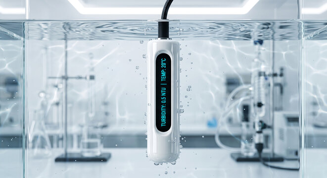 Water quality sensor probe measuring turbidity and temperature in laboratory beaker.