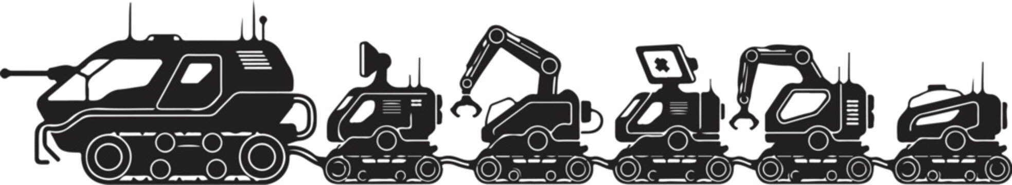 Heavy machinery icons, construction equipment set, excavator, bulldozer, tractor, industrial vehicles, black and white