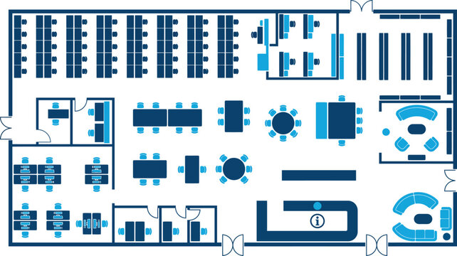 Moderner B&uuml;ro-Grundriss als Vektor, detaillierter Etagenplan mit Arbeitspl&auml;tzen und Konferenzr&auml;umen, Office Layout f&uuml;r Innenarchitektur und Raumplanung