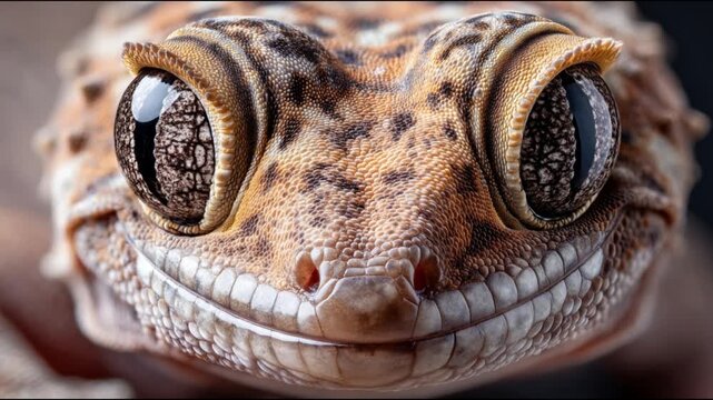Close-up of a happy gecko's face with large, expressive eyes