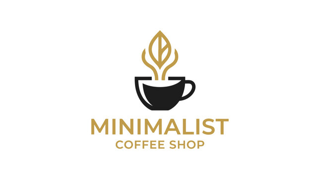 Minimalist coffee shop logo with cup and leaf design elements