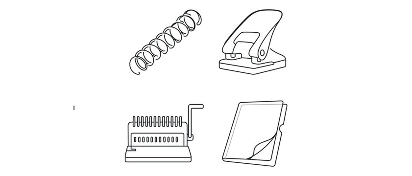Collection of 4 icons for paper binding and document finishing with editable stroke, including a binding machine, punch tool, spiral wire, and protective cover in a clean minimalist design.