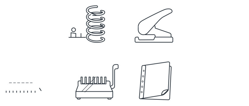 Office document binding vector icon set with editable stroke, featuring a spiral coil, manual hole punch tool, comb binder machine, and clear plastic report cover for business organization.