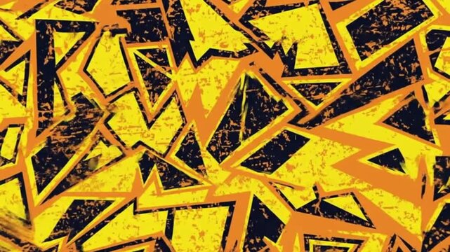 A dynamic abstract geometric pattern with sharp, angular shapes in yellow, black, and orange.