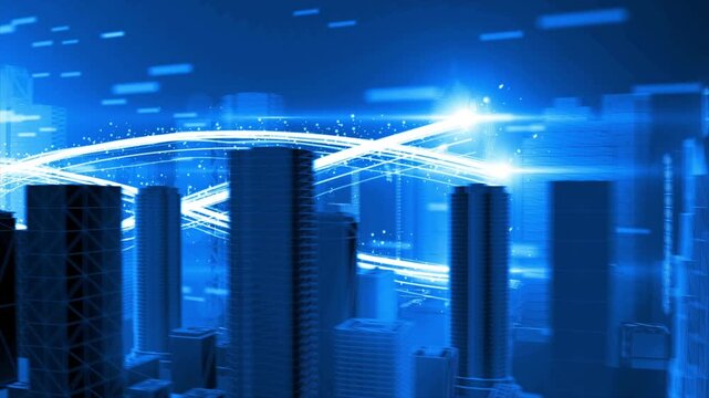 Blue luminous particles travel through city 3D model, illuminating the whole city. Particle stripes flow with glowing lines. 3D digital video for opening, logo display, and data transmission.