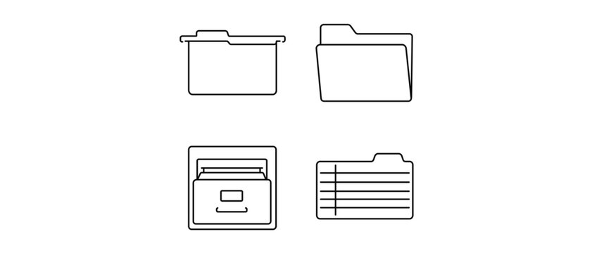 Editable stroke vector icon set featuring physical filing tools, including hanging folders, manila file folders, filing cabinet drawers, and alphabetical index cards for office organization.