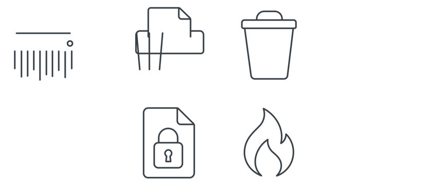 Data privacy and secure file deletion vector icon set featuring paper shredder, trash bin, locked document, and fire symbols with editable stroke for information security and privacy management.