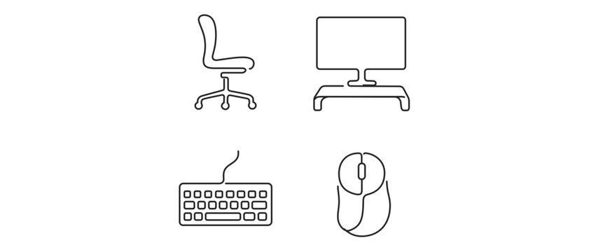 Productive workspace arrangement vector bundle showing an adjustable seat, screen riser, input keyboard, and optical mouse; ergonomic design icons with modifiable stroke properties.