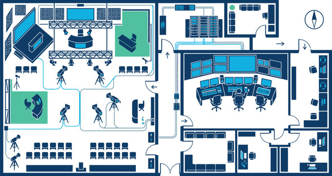 Technischer Grundriss eines TV-Studios, moderner Architekturplan f&uuml;r Sendezentrum und Regieraum, Vektor-Illustration einer Medien-Produktionsst&auml;tte