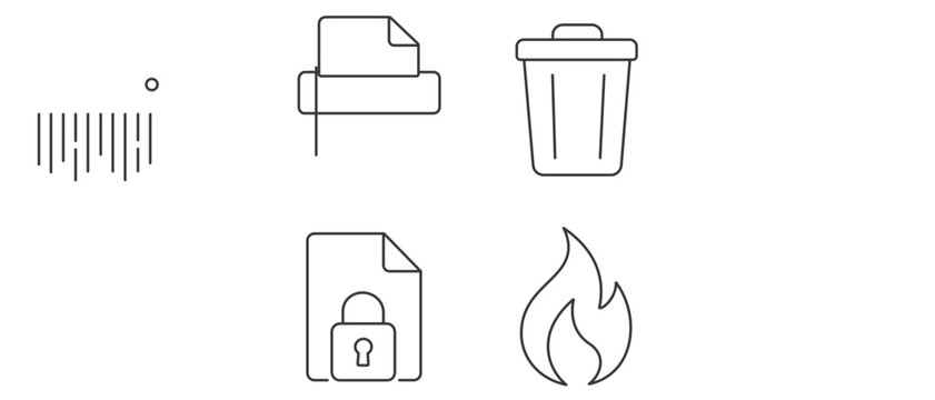 Collection of 4 icons for secure file deletion and data destruction featuring a paper shredder machine, trash bin, locked document, and fire icon, presented as a professional vector icon set.