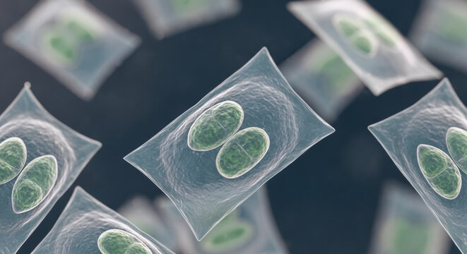 Microscopic green algae cells in transparent rectangular envelopes representing biological research and microbiology