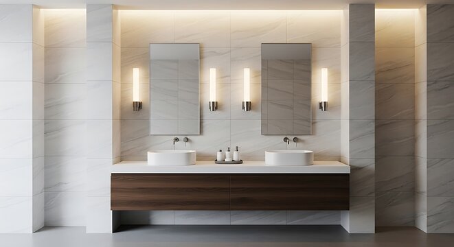 A contemporary double vanity bathroom featuring modern dark cabinetry and sleek minimalist mirrors.