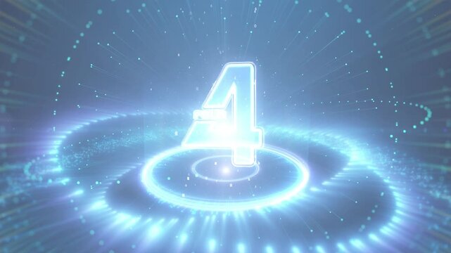 4K 3D countdown effect: from 5 to 1, each number triggers a light shockwave and halo, with flowing light trails. Ideal for opening sequences and logo animation.