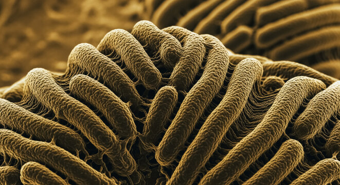 Microscopic View of Rod-Shaped Bacteria Colony in a Biological Environment Representing Infection and Growth