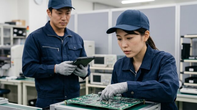 日本人製造業作業員の30代男女が精密機器の電子部品が載った基板を検査・確認している工場の様子、タブレットを持つ男性と手元の作業に集中する女性、背景余白