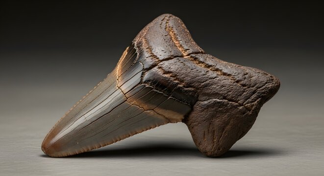 Close-up of a Fossilized Dinosaur Tooth on Dark Background.