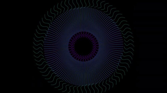 Premium 4K seamless loop of a Vishuddha Throat Chakra cymatic mandala. Features hypnotic phase shift moir&eacute; patterns pulsing in a deep trance void. Ideal for VJ sets, meditation apps, and yoga studios.