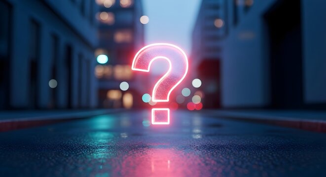 Neon Question Mark Glowing on Wet Street at Night with City Buildings