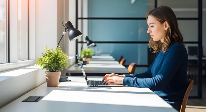 Young Woman Working on Laptop in Modern Office with Natural Light