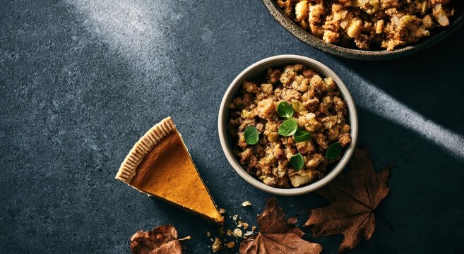Top view of a slice of pumpkin pie and a bowl of savory bread stuffing garnished with fresh sage leaves on a dark textured surface with dried autumn maple leaves