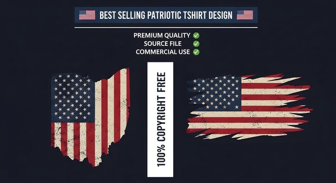 Patriotic tshirt design featuring ohio state map shape and distressed american flag, grunge style graphic for apparel