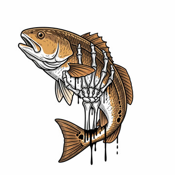 skeleton hand grabbing a jumping redfish fish vector illustration for apparel and logo design