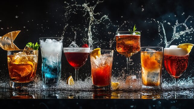 Several colorful cocktails feature refreshing ice cubes and dynamic water splashes in crystal clear drinking glasses