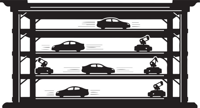 Automated parking garage, robotic car storage, futuristic vehicle lift, smart parking system