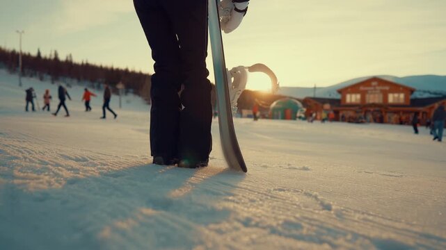 Beginner snowboarder in ski resort, closeup view of legs on snow, active sport. Athletic woman in wear for snowboarding admiring beautiful nature in mountains, first time on slope, breath frozen air