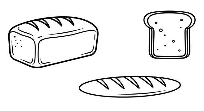 Bread loaf slice and baguette line drawing on white background