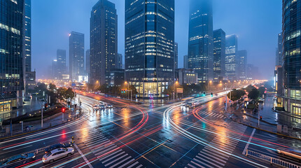 Fototapeta premium City skyline at night with rain-slicked streets and illuminated buildings.